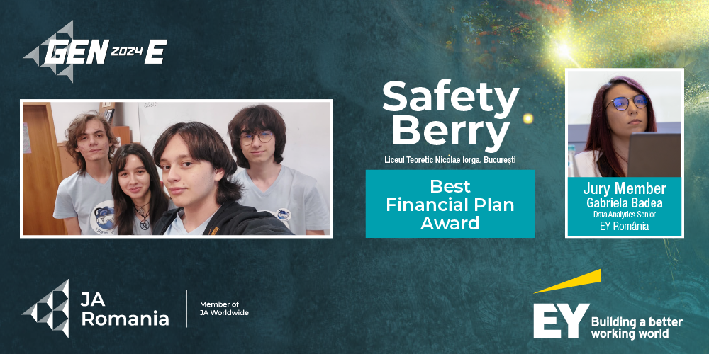 Echipa de elevi Safety Berry – Liceul teoretic Nicolae Iorga, București, a câștigat, în cadrul finalei naționale GEN-E,  premiul Best Financial Plan, susținut de EY România